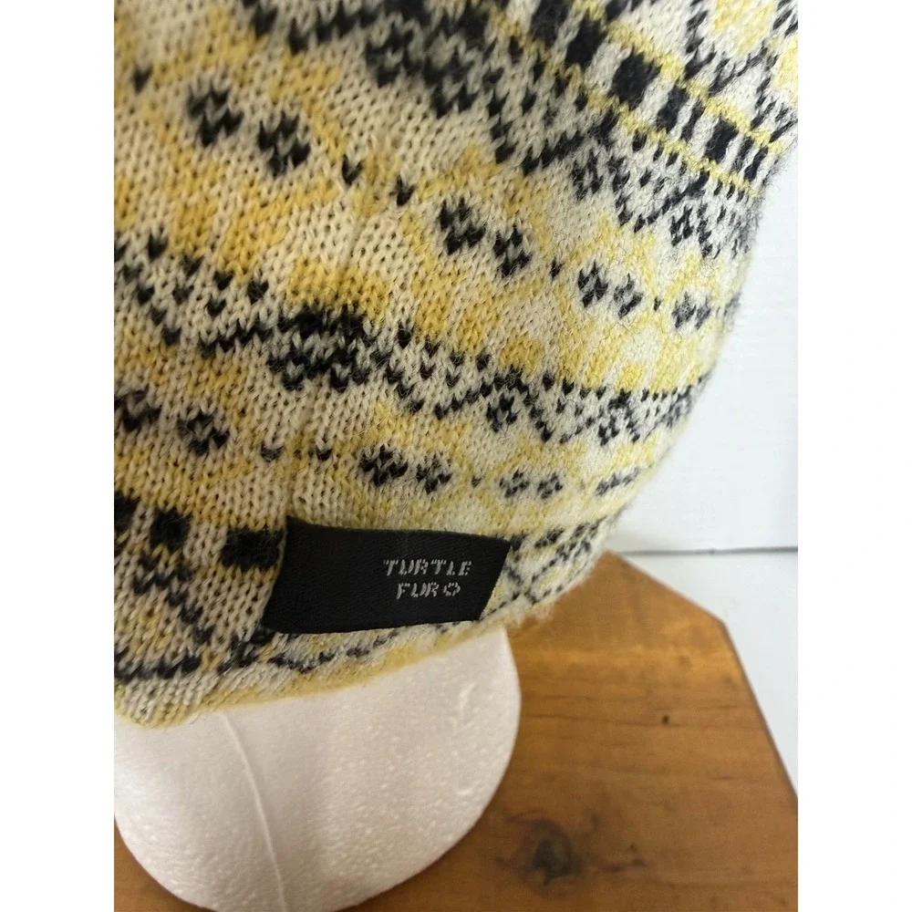 Turtle Fur Merino Wool Fair Isle Beanie Hat Yellow Black Made in Italy OS